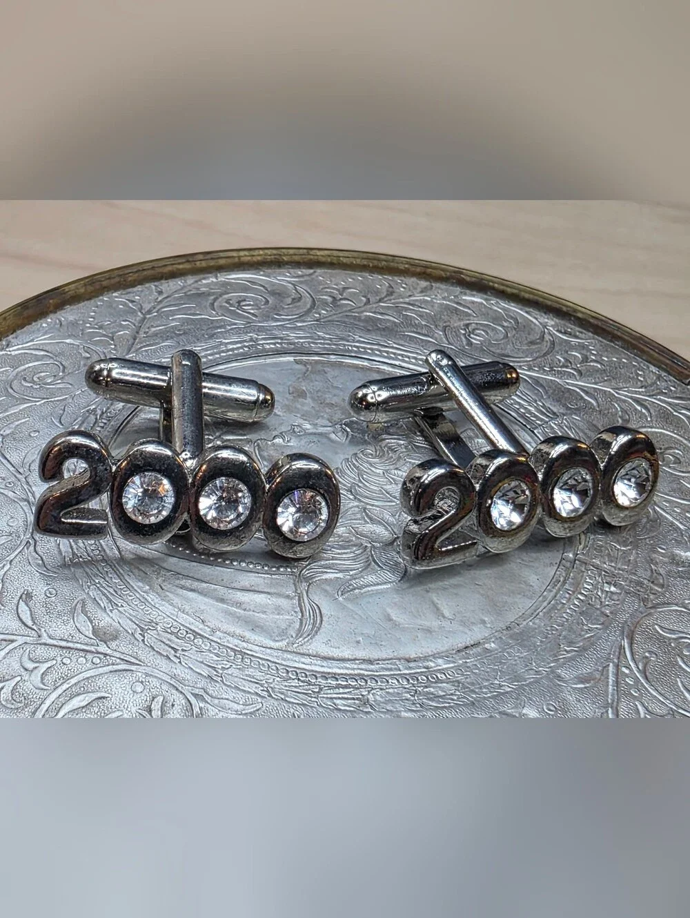 Vintage Y2K Millennium 2000 Silver Tone Rhinestone Cufflinks